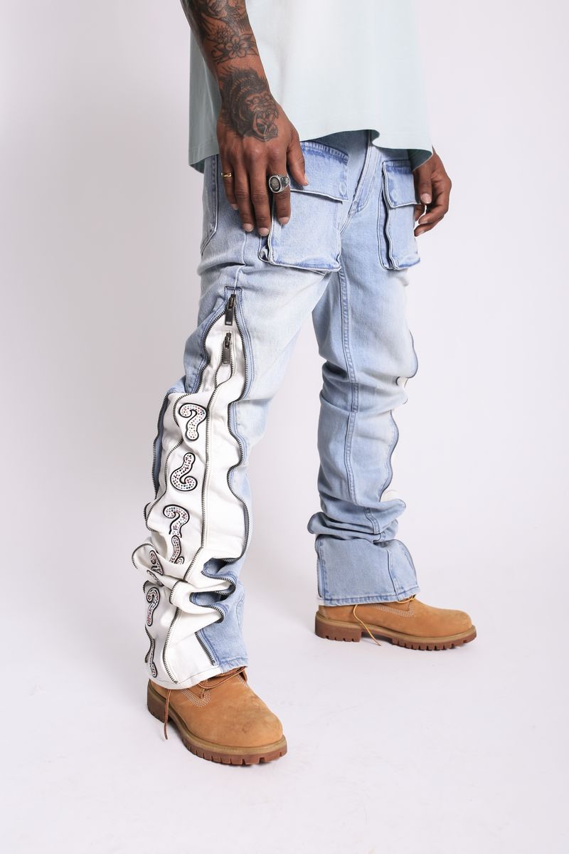 Question Mark Stacked Jeans - Blue