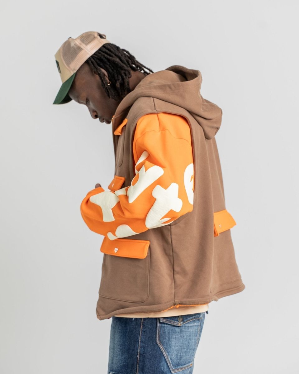 Red Letters Utility Vest Scattered Zip Up Hoodie - Brown / Orange