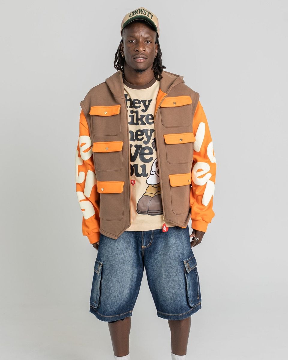 Red Letters Utility Vest Scattered Zip Up Hoodie - Brown / Orange
