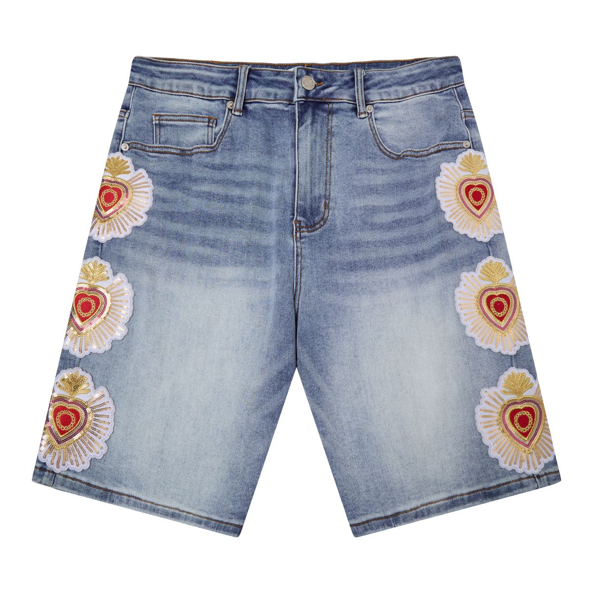 Sacred Hearts Denim Shorts- Blue