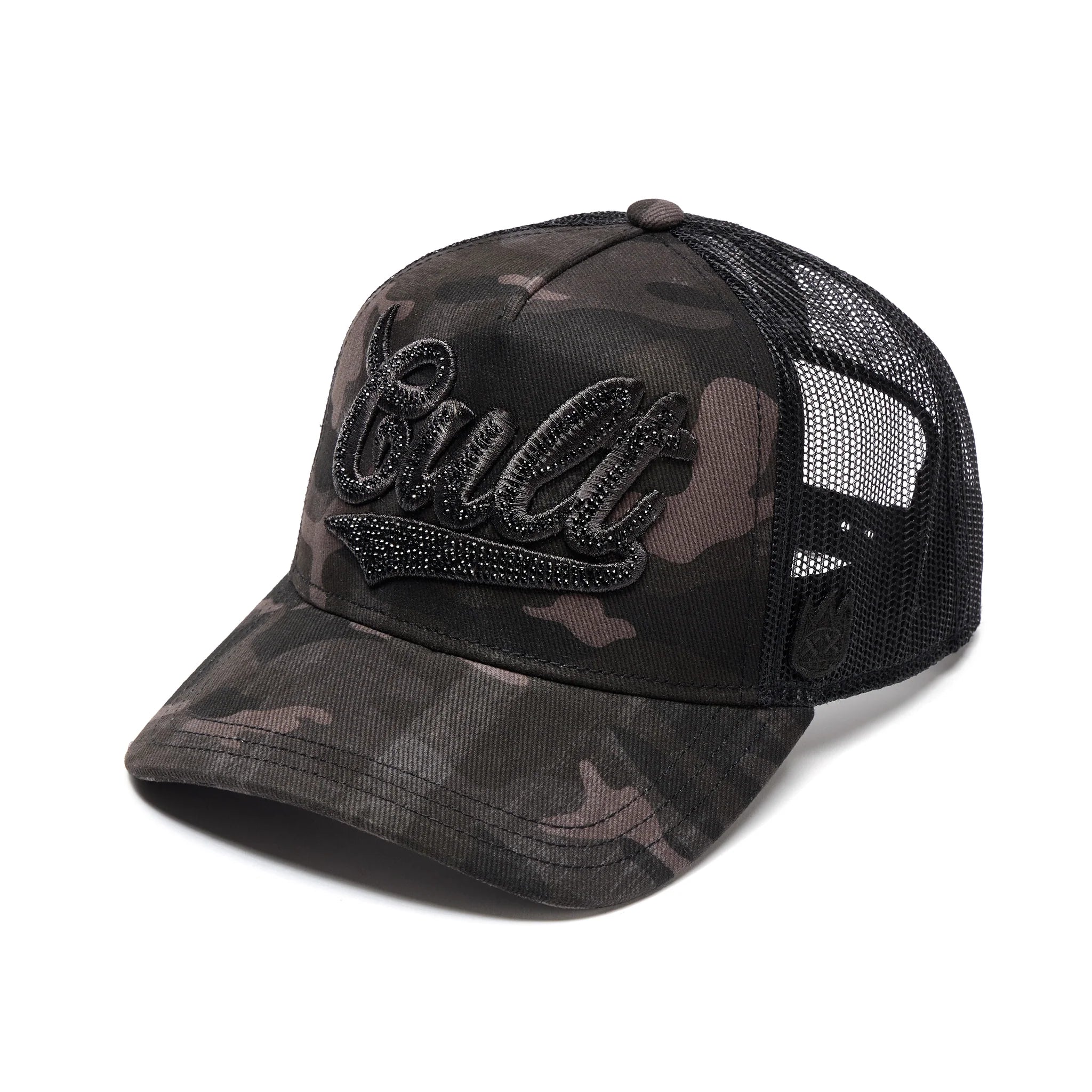 CAMO CRYSTAL SCRIPT Trucker Hat - Black Camo