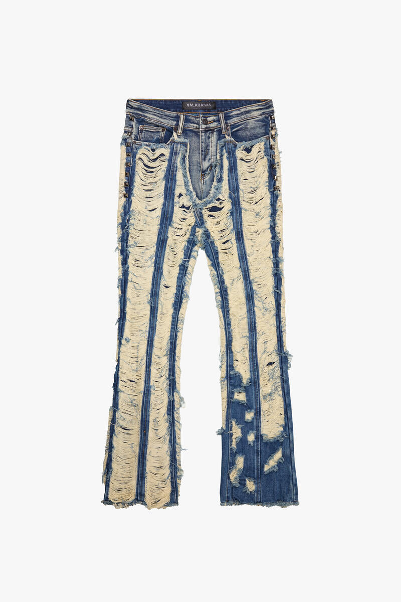 "CONTRAST" Stacked Flare Jeans - Blue Wash