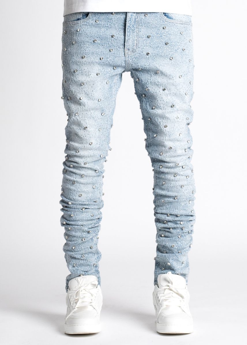Steel Blue Embellished Denim - Blue