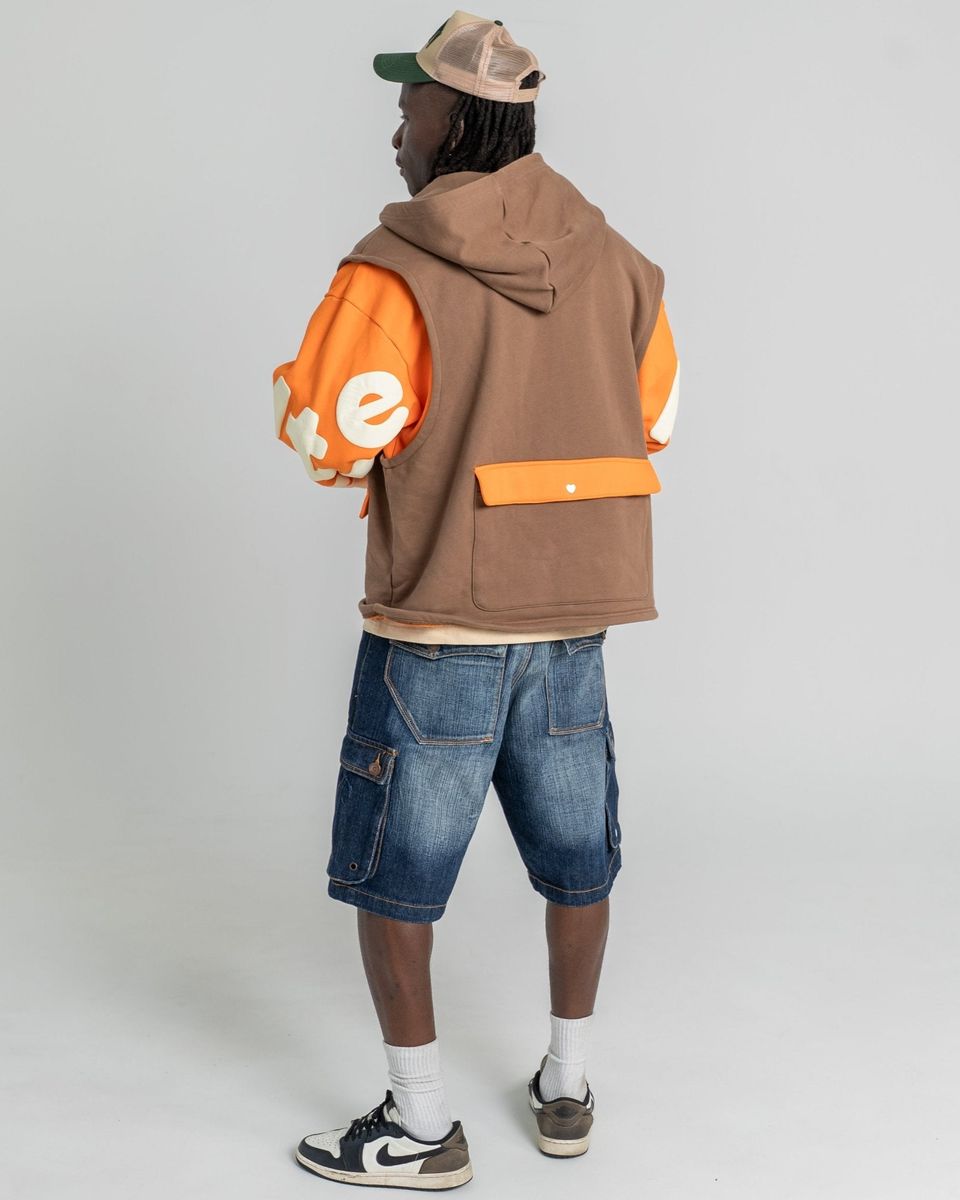 Red Letters Utility Vest Scattered Zip Up Hoodie - Brown / Orange