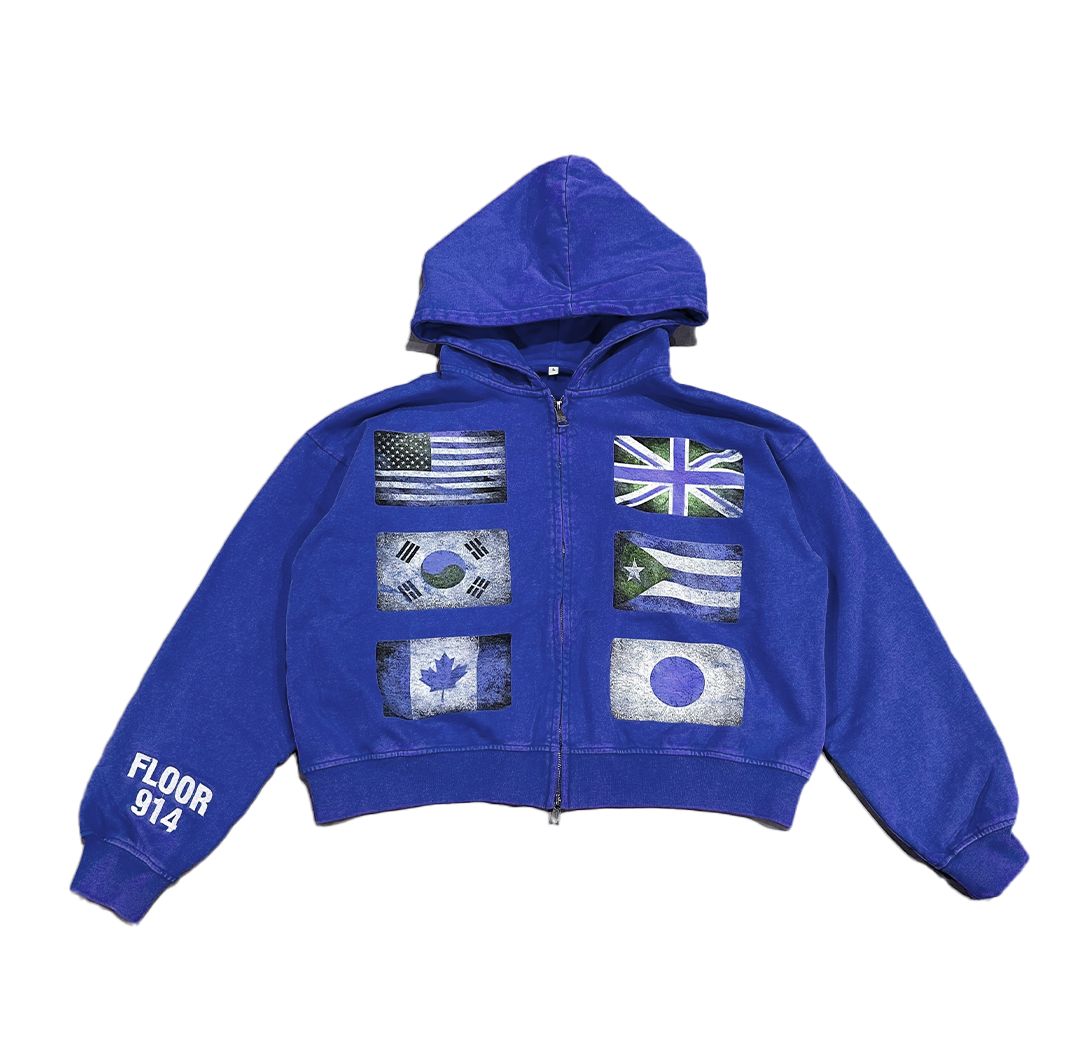 Flag Zip Up Hoodie - Blue