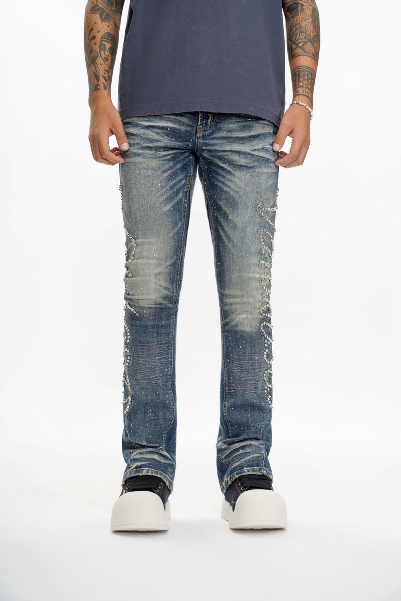 Lattice Stacked Jean - Dark Blue