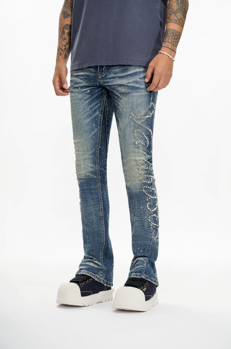 Lattice Stacked Jean - Dark Blue