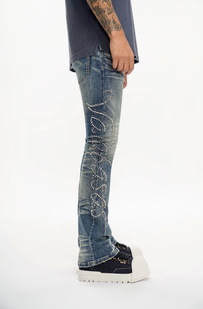 Lattice Stacked Jean - Dark Blue