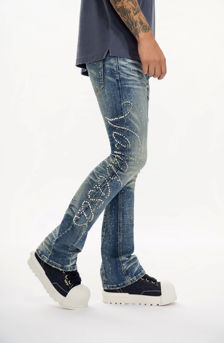 Lattice Stacked Jean - Dark Blue