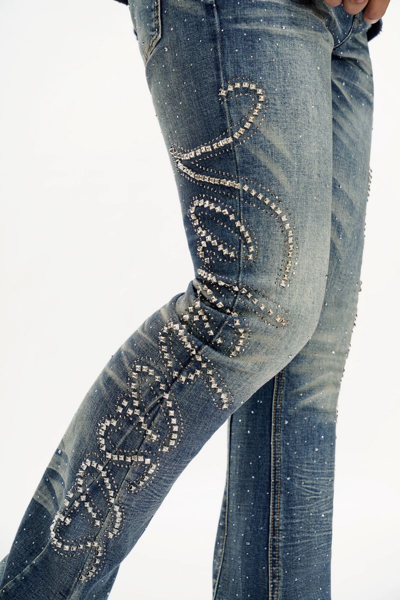 Lattice Stacked Jean - Dark Blue
