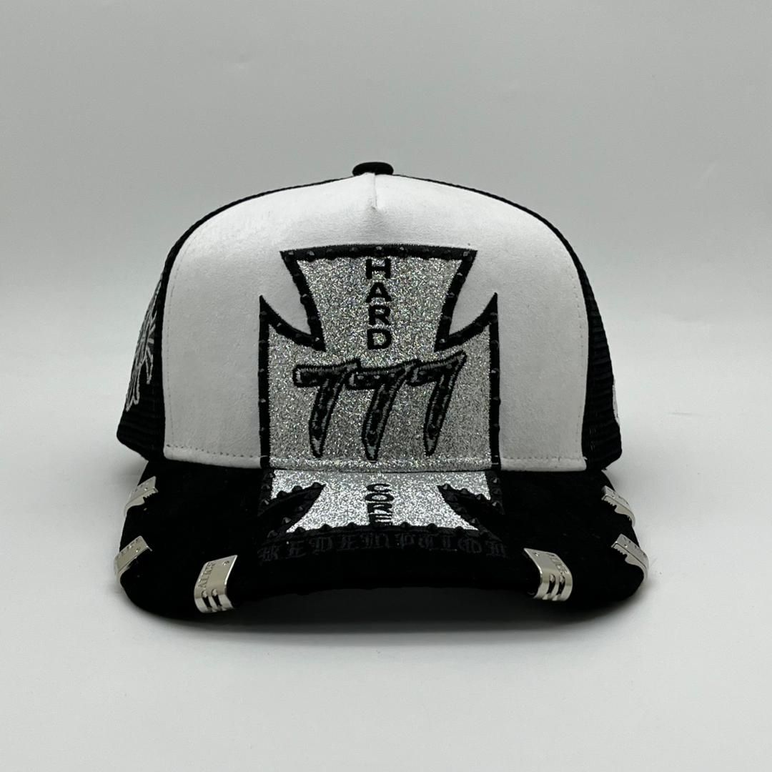 V4 Cross Diamond 777 Suede Trucker Hat - Black / White