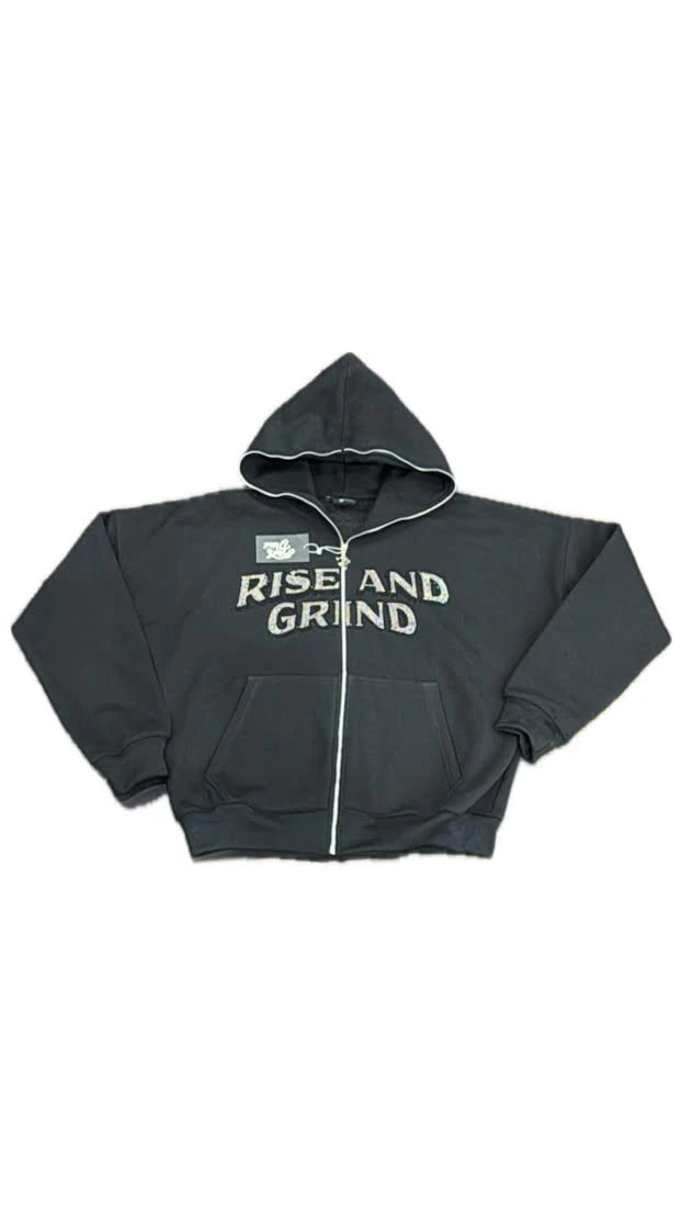 Rise and Grind Crystal Zip Up Hoodie - Black