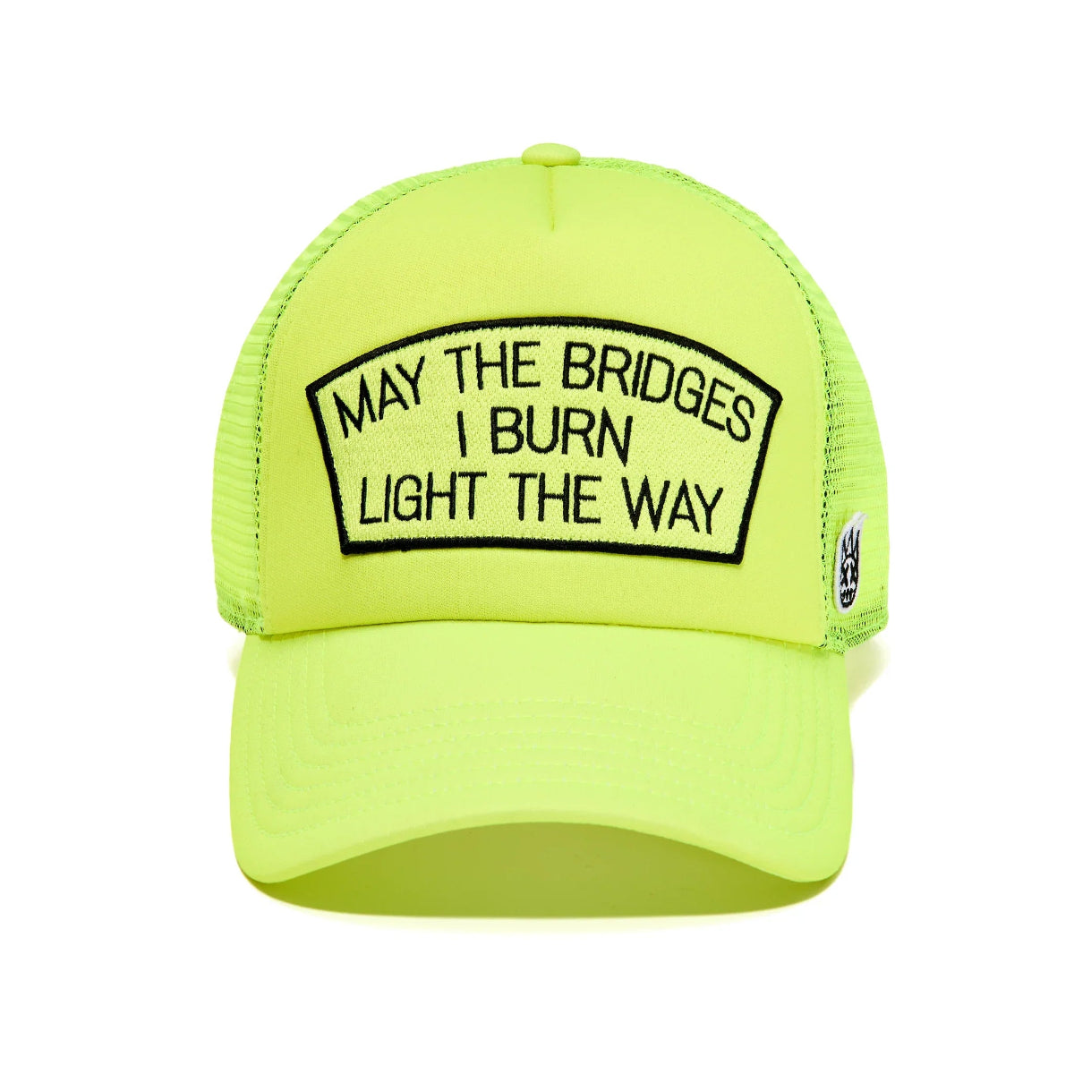 "MAY THE BRIDGES I BURN" MESH BACK TRUCKER HAT-NEON YELLOW