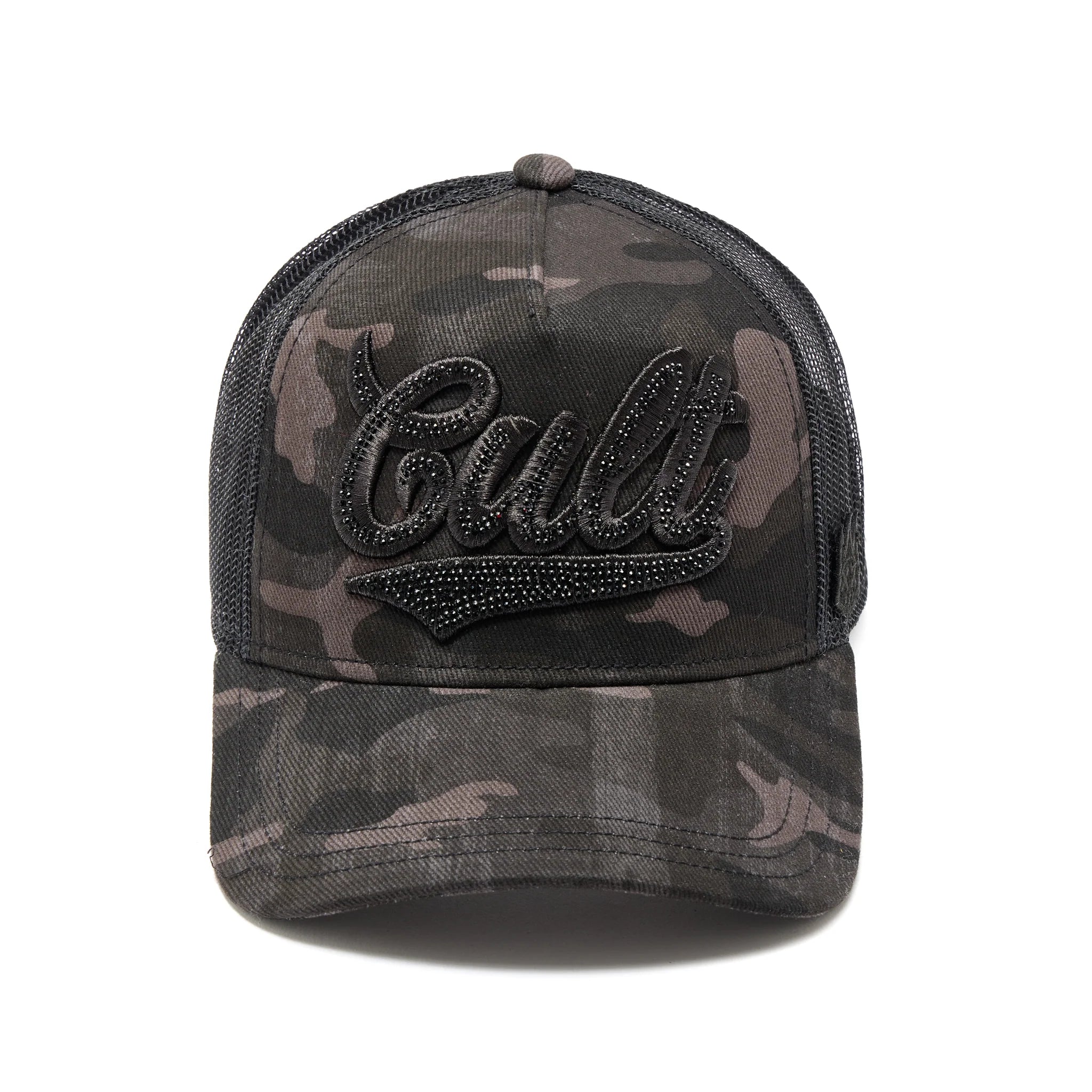 CAMO CRYSTAL SCRIPT Trucker Hat - Black Camo