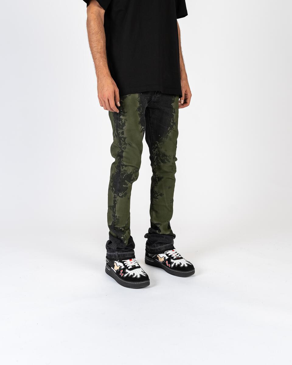 "SCARRED BY" FLARE STACK DENIM- BLACK OLIVE