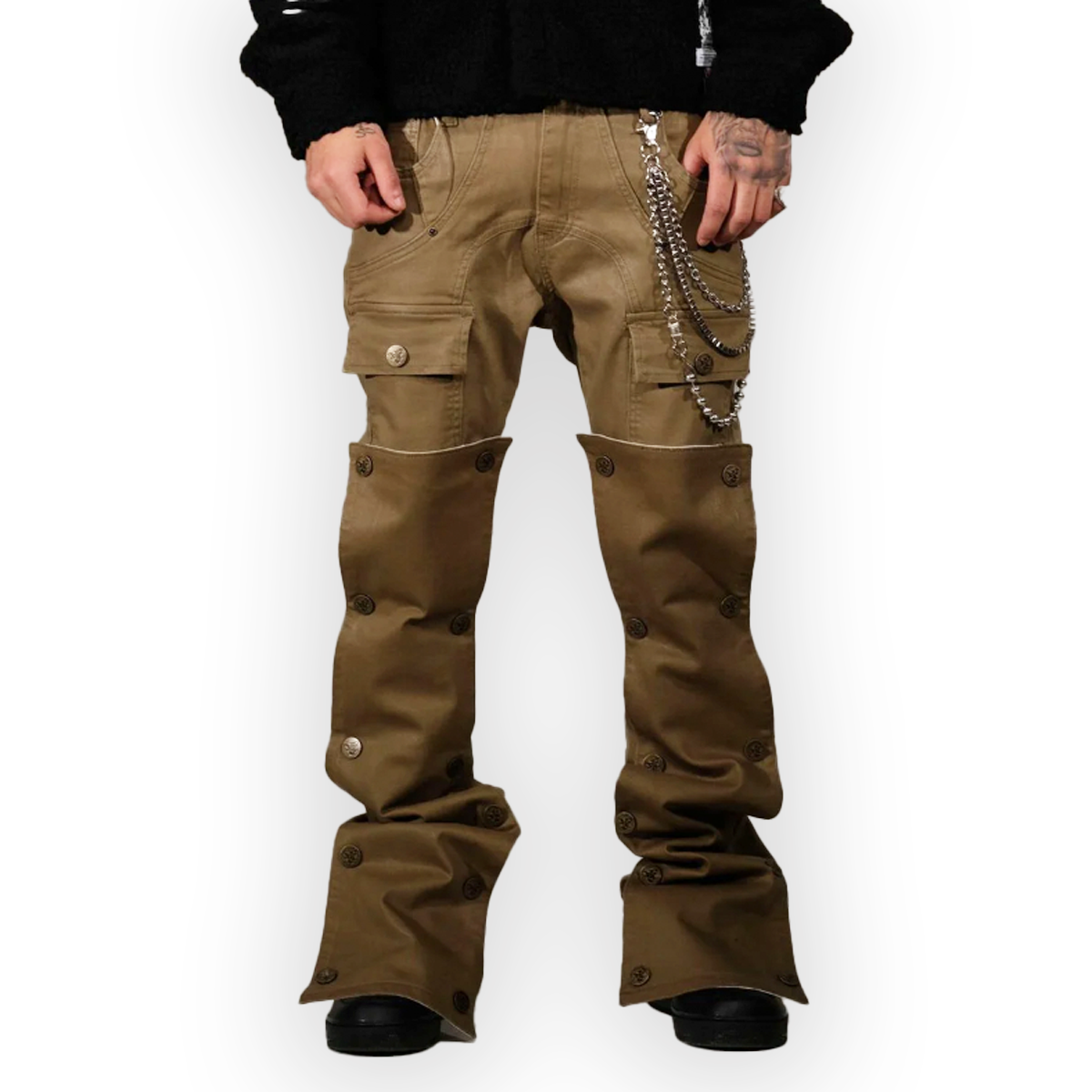 Flared Front Button Jeans - Coated Army