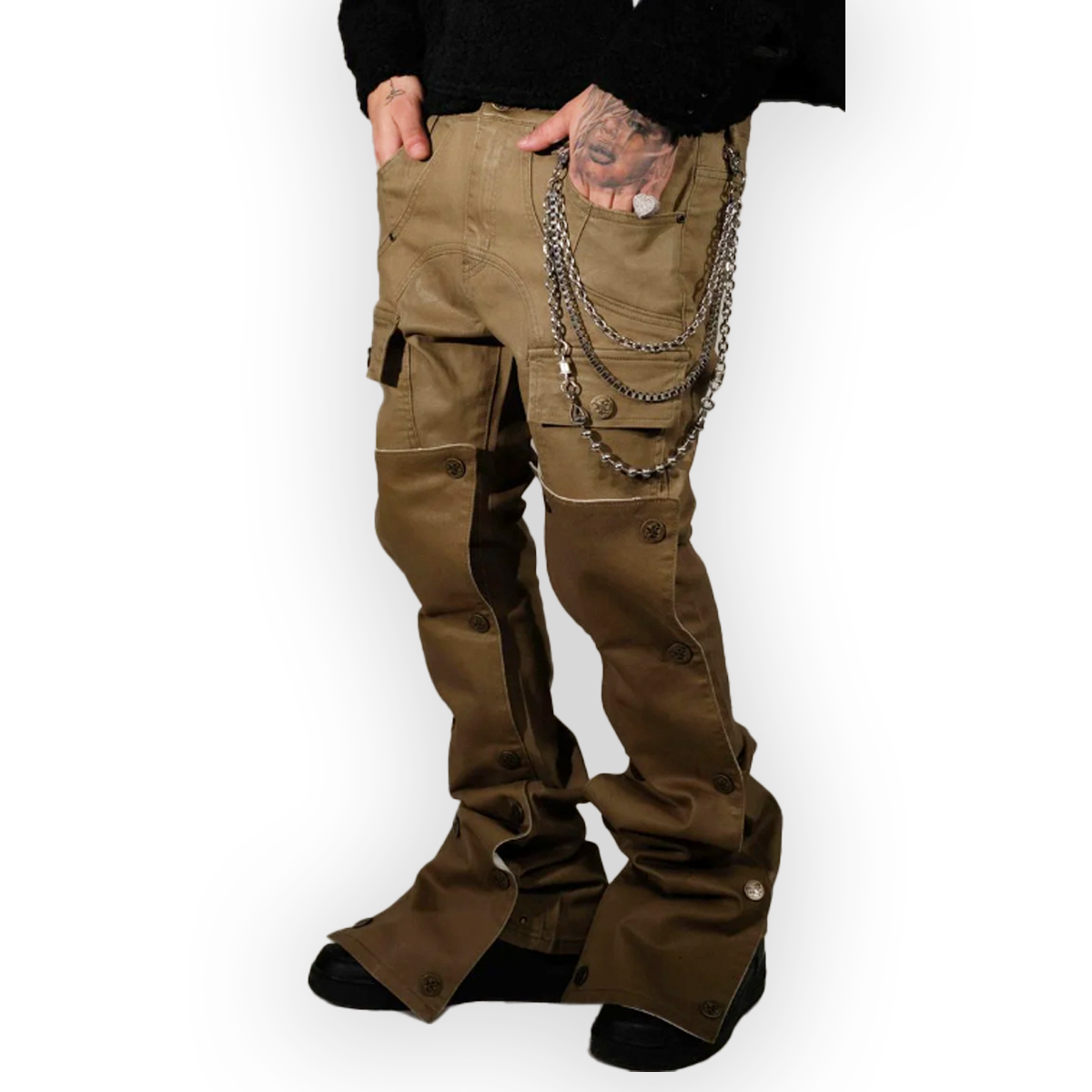 Flared Front Button Jeans - Coated Army