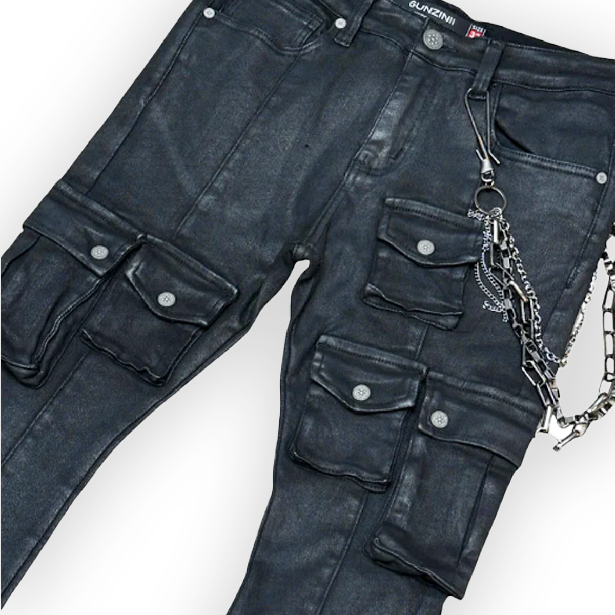 Coated Wax Flare Jeans w Chain - Black