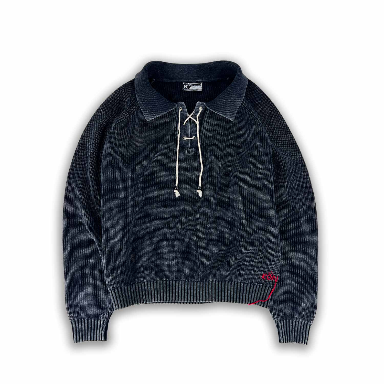 Laced Knit Polo Sweater - Black Acid Wash